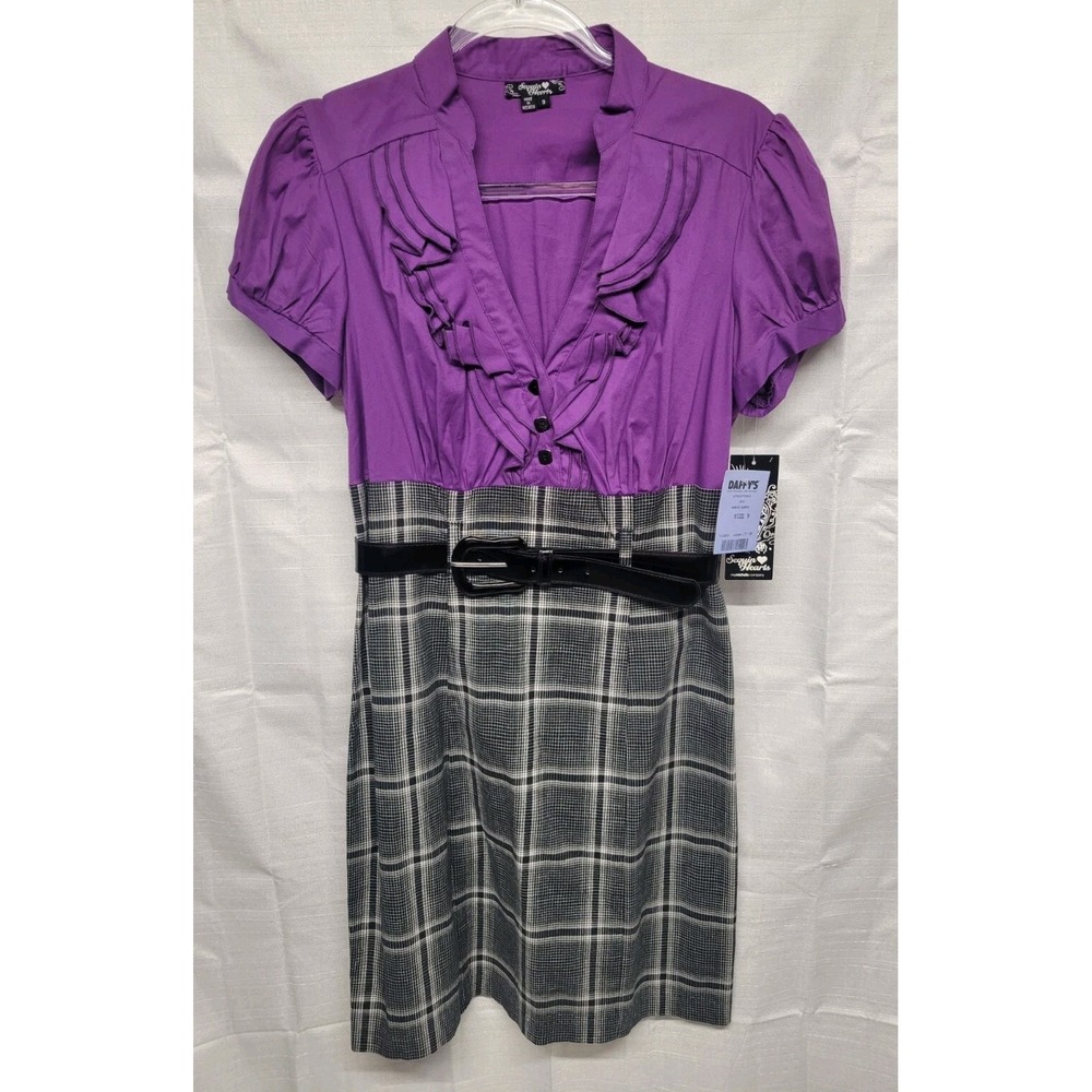Sequin Hearts Womens Y2K Academia Purple Plaid Ruffle Belted Dress NEW